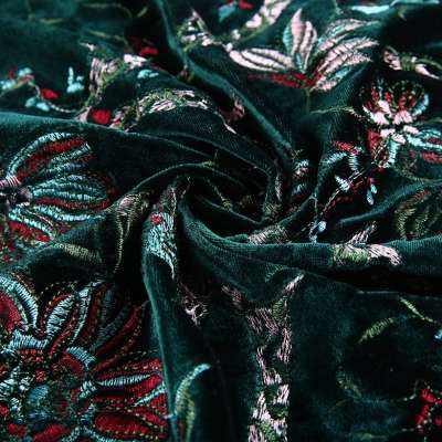 Latest design knitted velour floral embroidered velvet fabric green polyester