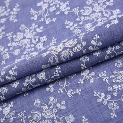 Good Quality Garment Design Flower Embroidery Blue Polyester Tc Cotton Fabric