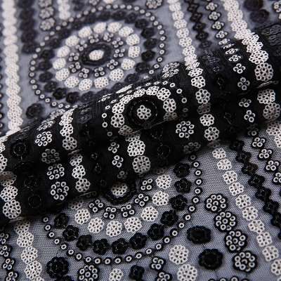 Good quality black poly mesh india all over sequins embroidered net fabric